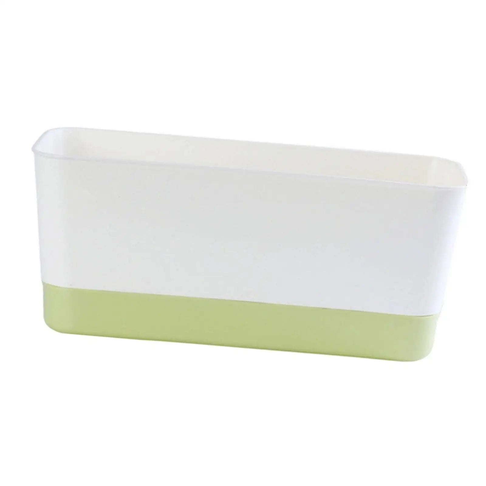 Rectangular window box planter with white body and light green base, side view.