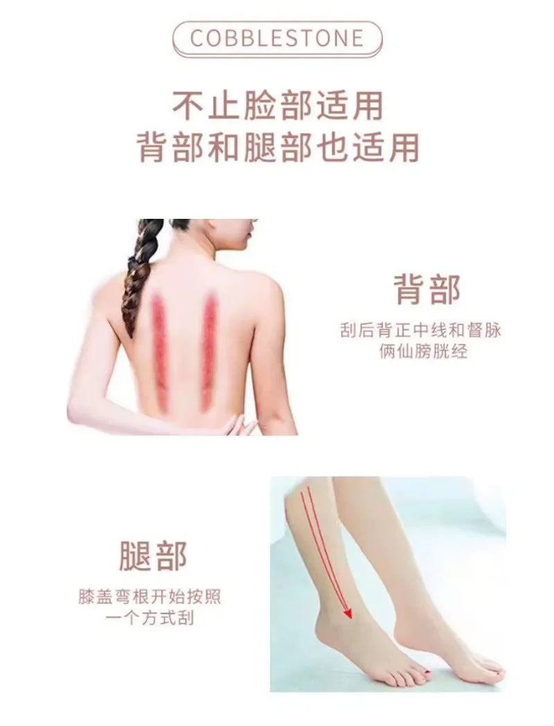 Pink resin Gua Sha scraper used for therapeutic back and leg massage to relieve muscle tension and improve circulation.