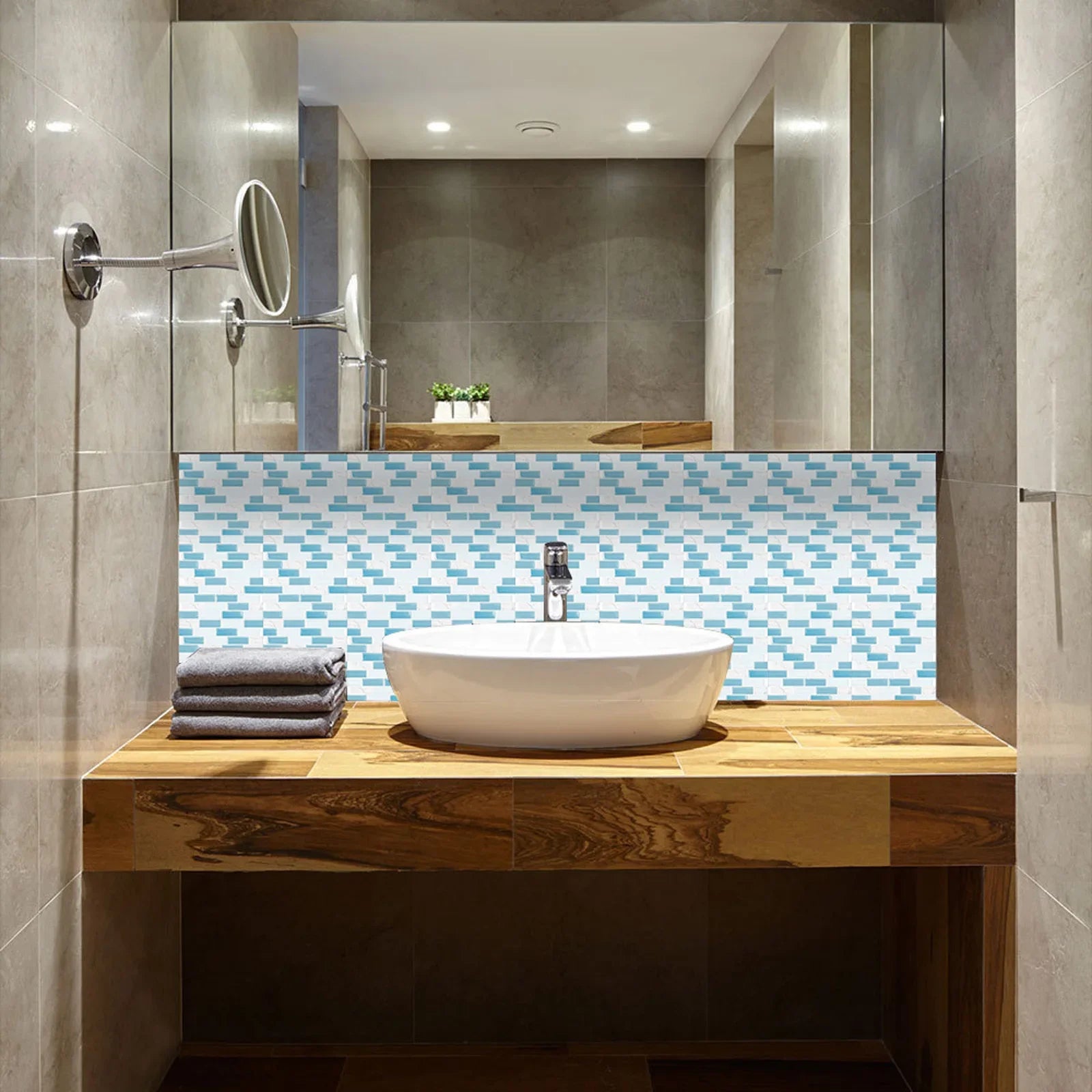 Installed 3D mosaic tile wall sticker backsplash, blue and white brick pattern