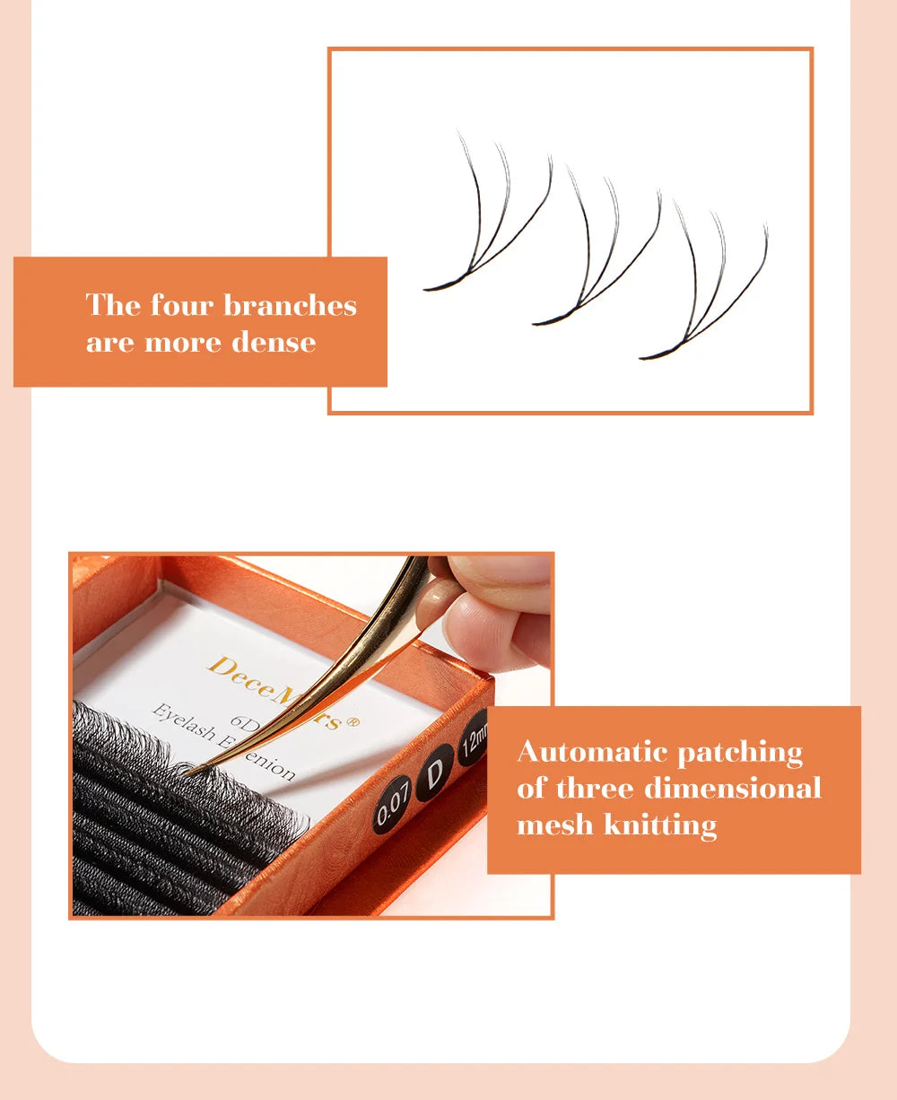 DeceMars 6D-W shaped black eyelash extensions with a dense, three-dimensional mesh design in an orange packaging tray.