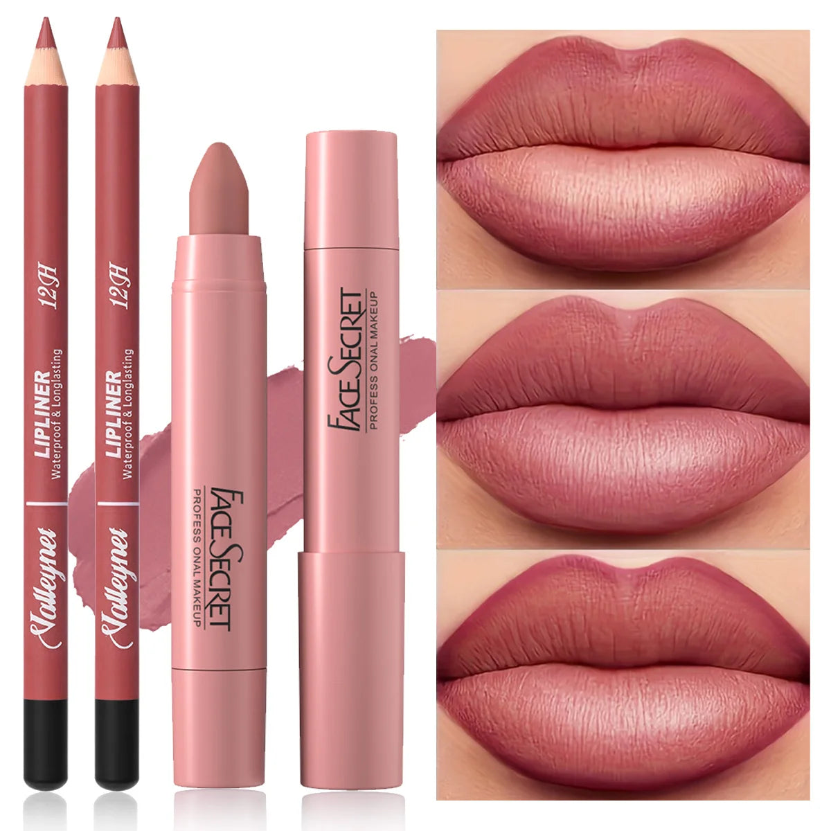 2-piece matte velvet lipstick and lip liner combo set in dusty rose for a long-lasting, waterproof makeup finish.
