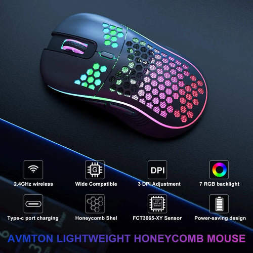 Black AVMTON lightweight honeycomb wireless gaming mouse with RGB lighting, scroll wheel, and side buttons.