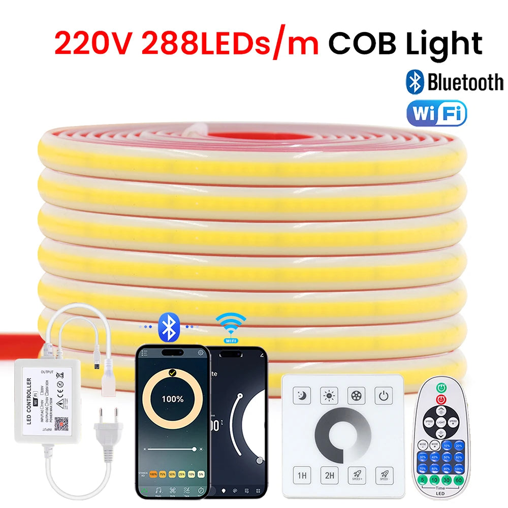 Dimmable 220V COB LED Strip Light WIFI Bluetooth Wall Touch 23key Remote Control Power Kit 288LED Flexible Tape Waterproof Lamp