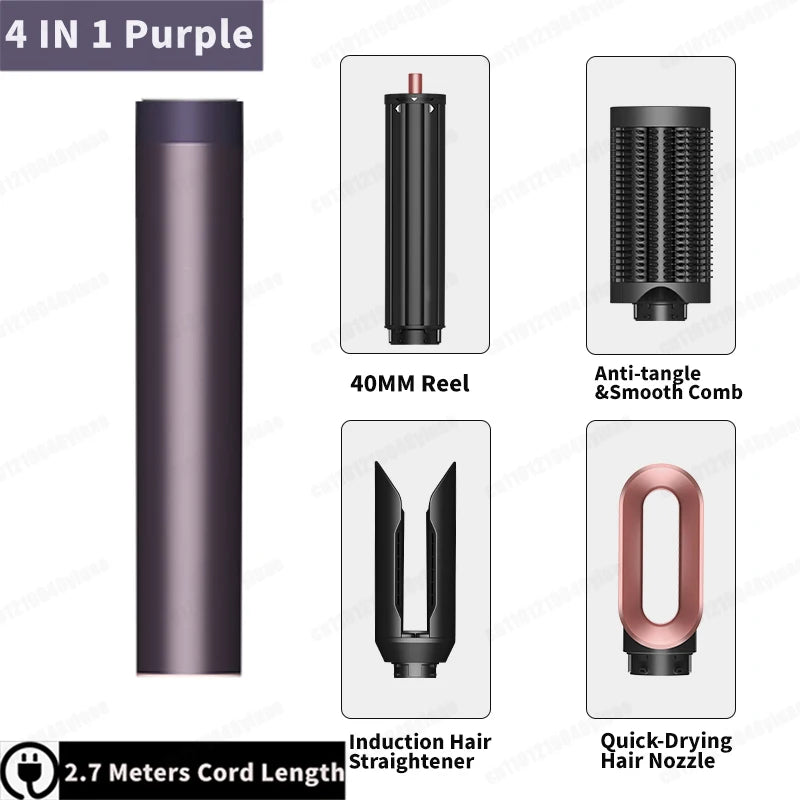 SenCiciMen 4-in-1 purple hair styler kit with curling barrel, comb nozzle, straightener, and dryer attachment.