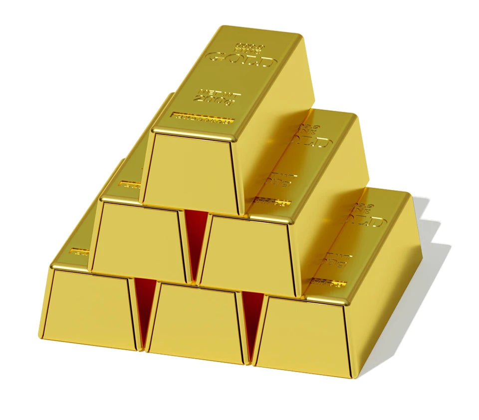 Gold shimmer lipstick in a stack of luxury gold brick tubes. Long-lasting, waterproof glitter lip makeup.