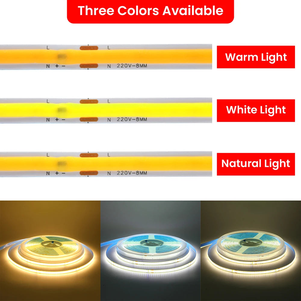 COB LED Strip Light Power Kit 220V 110V AC 3000K 4000K 6000K 2pin 240LEDs/m with IC Driver IP20 8mm PCB Dimmable Linear Lighting