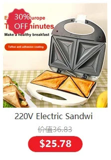 220V electric sandwich maker promotion card with price badge and “30% OFF”