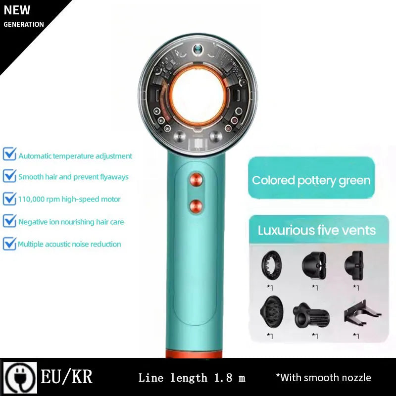 Green pottery high-speed leafless hair dryer with negative ion tech, 6 magnetic attachments, and advanced motor.