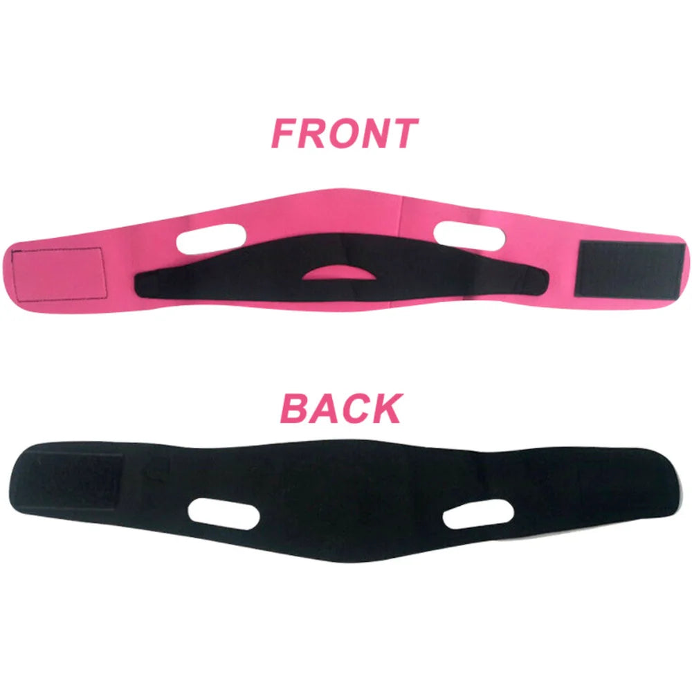 Front and back view of a pink and black elastic V-line face slimming bandage with velcro strap closures.
