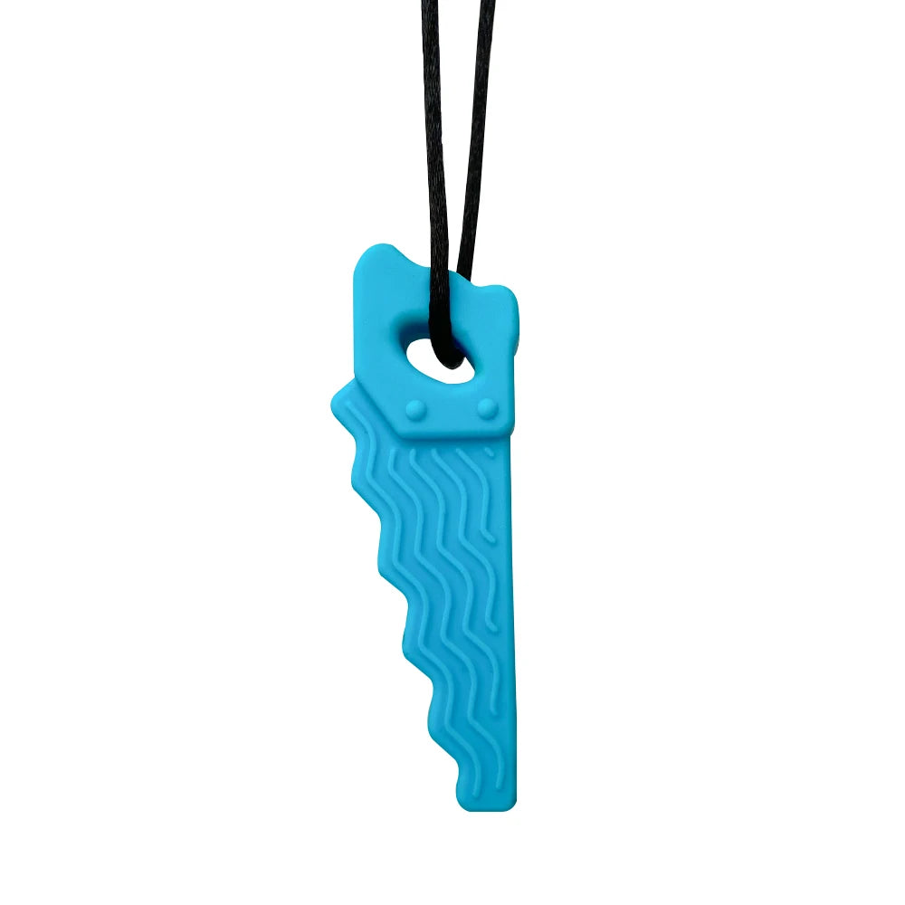 Blue saw-shaped silicone teething toy for baby teething relief on a black cord.