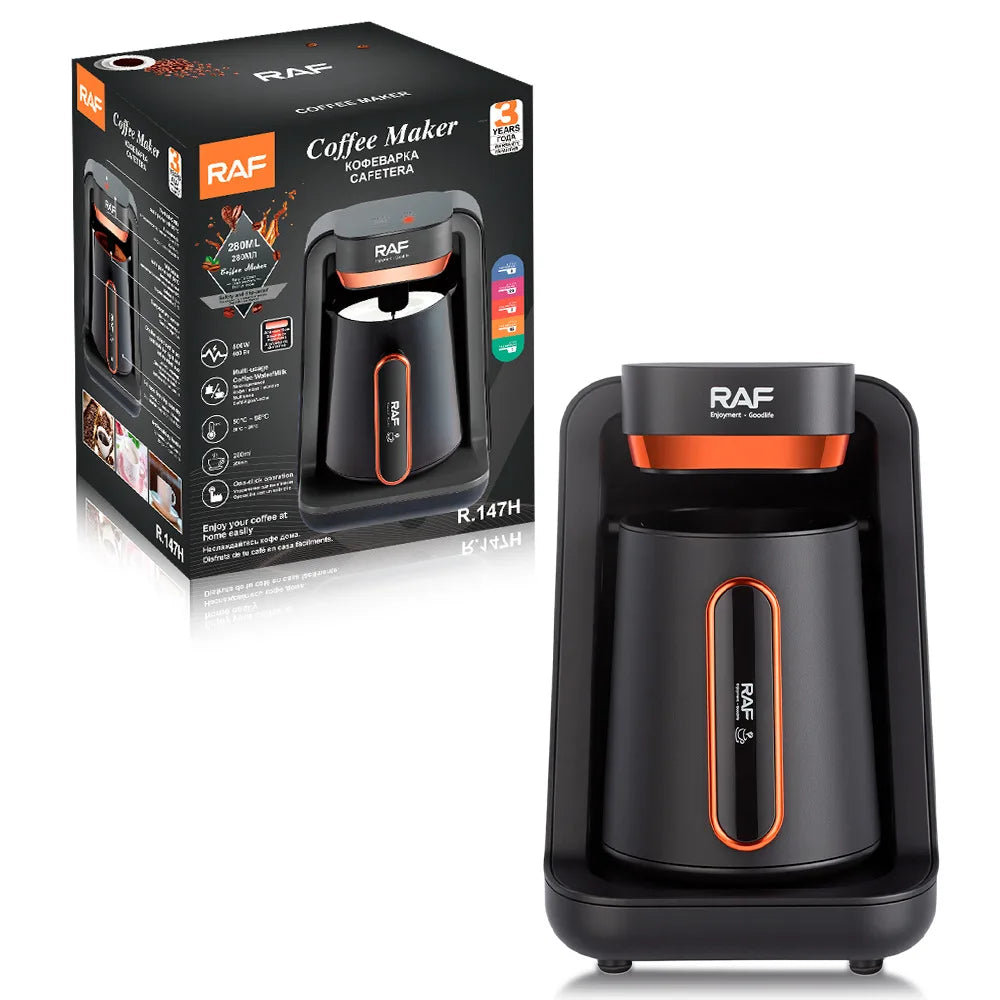 RAF R.147H 280ml black and copper electric coffee maker with box. Sleek modern single-serve coffee machine.