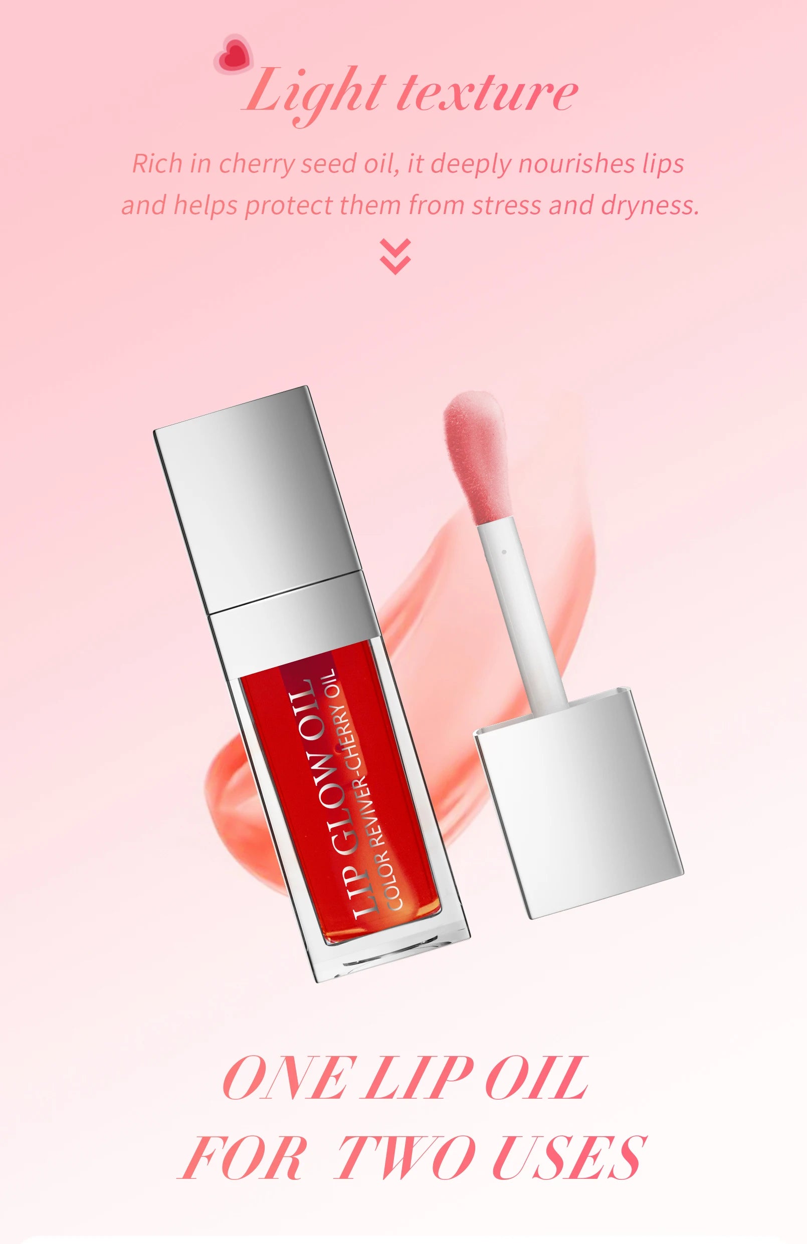 Crystal jelly moisturizing lip oil with cherry extract, featuring a glossy red tint and soft applicator brush.
