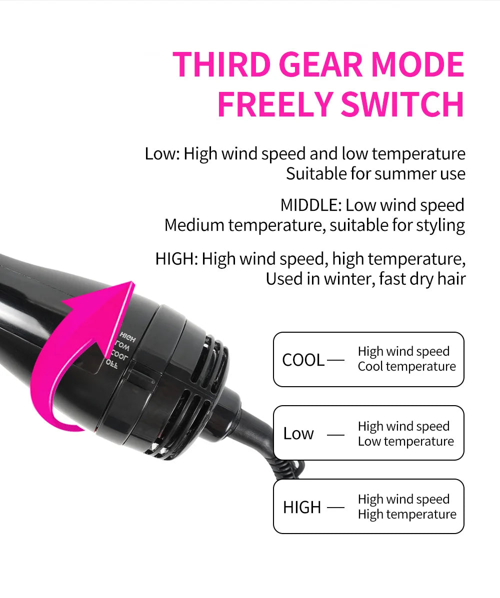 Black 3-speed portable hot air hair dryer brush with adjustable temperature settings for styling and fast drying.