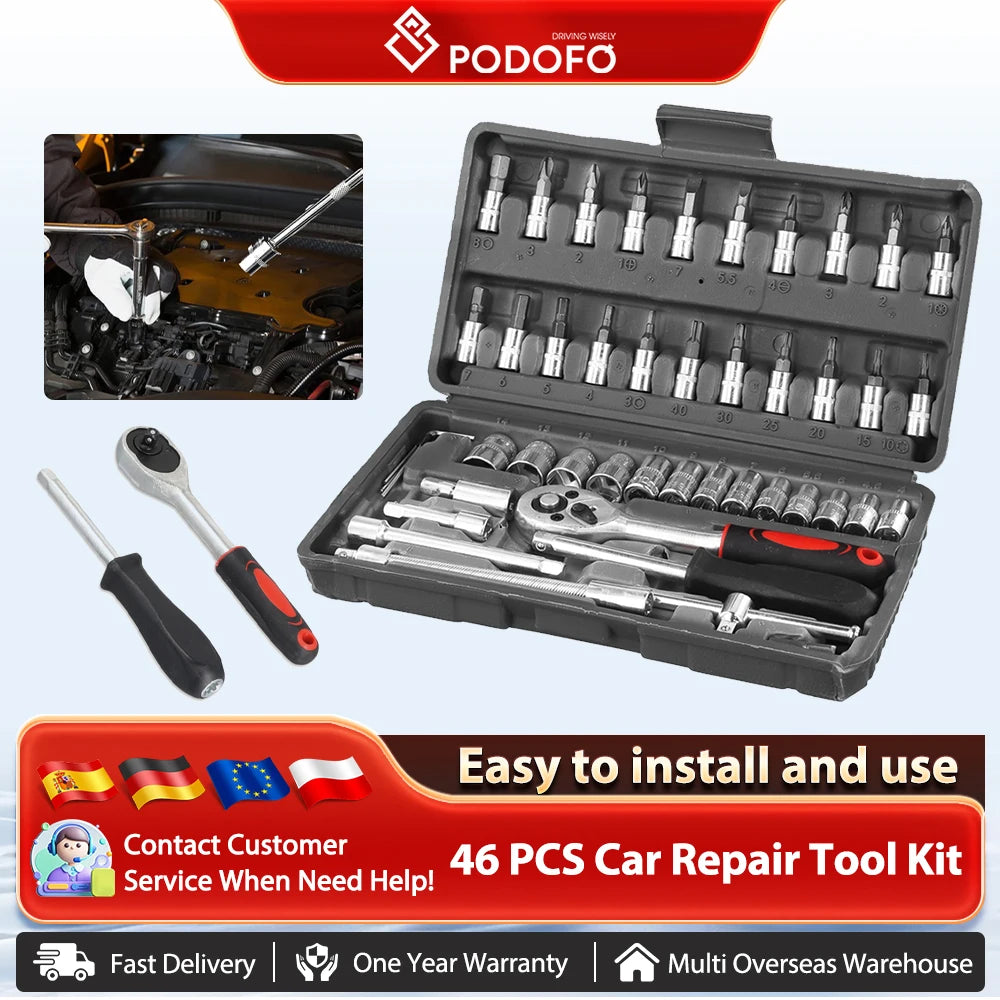Podofo 46pcs Car Repair Tool Kit NEW Car Repair Tool Kit Socket Set Car Repair Tool Ratchet Torque Screwdriver For Bicycle