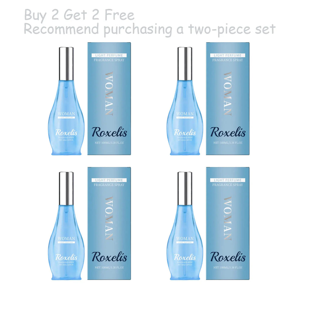 Roxelis Oriental Charm EDT for women. Fresh coconut oriental perfume in a sleek blue teardrop bottle. 100ml spray set.