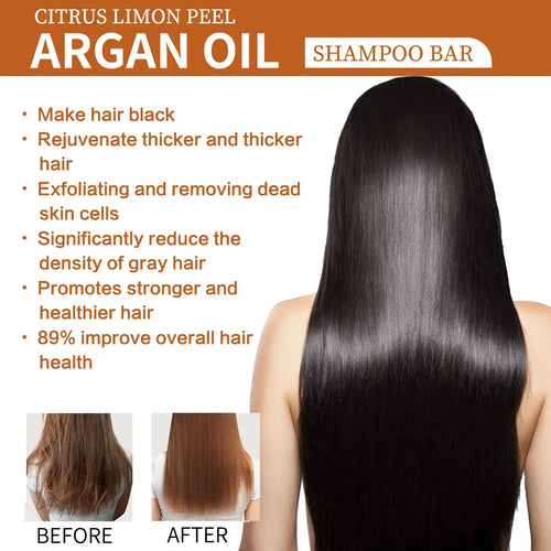 Argan oil shampoo bar for anti-hair loss, side angle view of plastic-free hair care treatment for damaged, frizzy hair.
