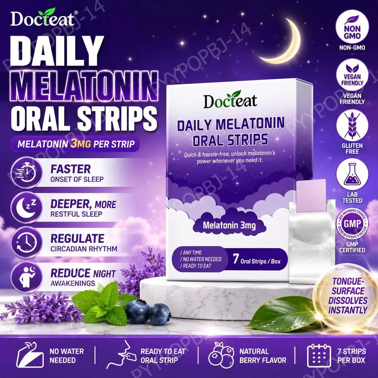 Docteat Daily Melatonin Oral Strips with Vitamin B6 No Water Needed Ready To Eat Dissolving Faster Sleep Onset 7 Oral Strips