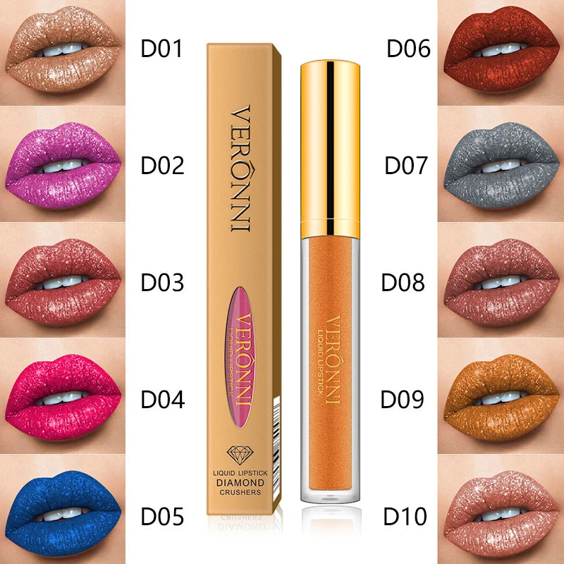 10-color diamond shimmer liquid lipstick set with waterproof matte finish and pearl glitter texture for bold lip makeup.