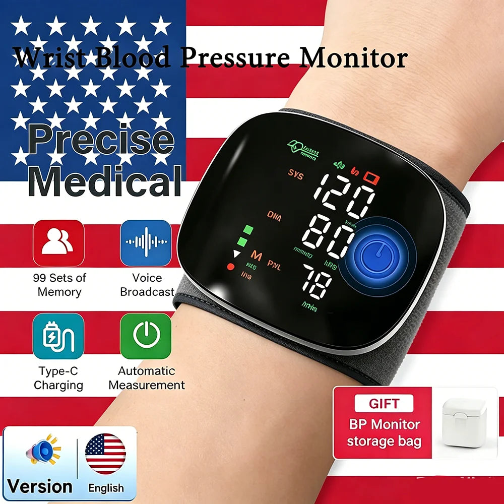 Blood Pressure Monitor New LED Rechargeable Wrist Blood Pressure Monitor English Spanish Voice Broadcast Tonometer BP Monitor