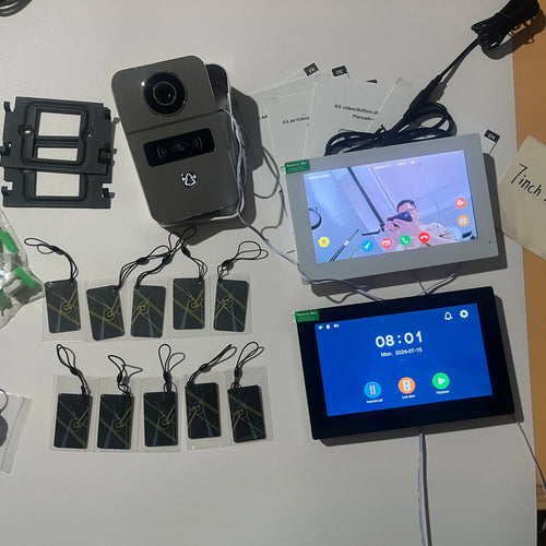 Smart video doorphone intercom set with outdoor camera, two monitors, and RFID key tags
