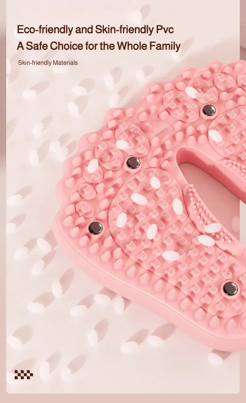 Pink PVC acupoint massage foot mat with rounded edges, textured nubs, and embedded magnetic stones.