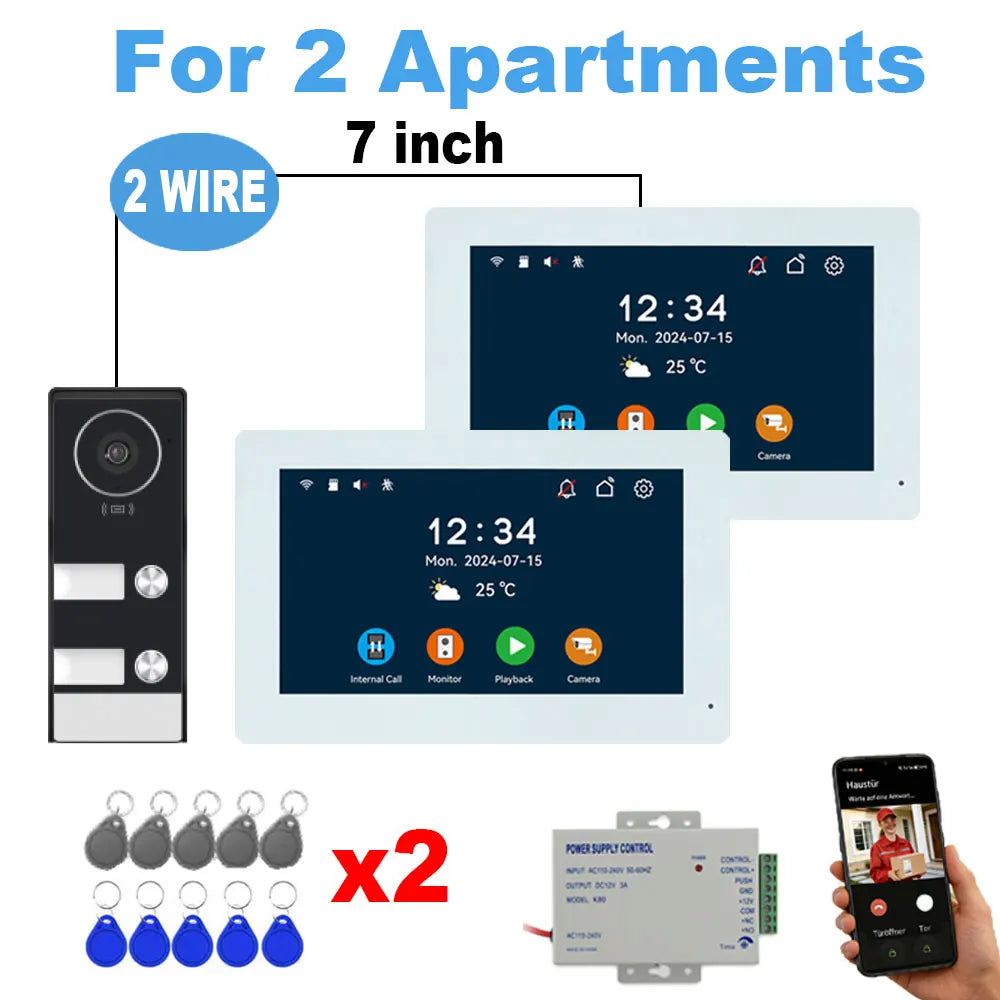 7" Touch Monitor Tuya WIFI Video Building Intercom System 2 Wire Cable Port 2-4 Units Apartment Video Door Phone Doorbell Kits