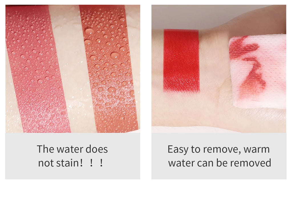 Waterproof 2-in-1 lip liner and matte lipstick swatches in nude and red, showing long-lasting, smudge-proof texture.