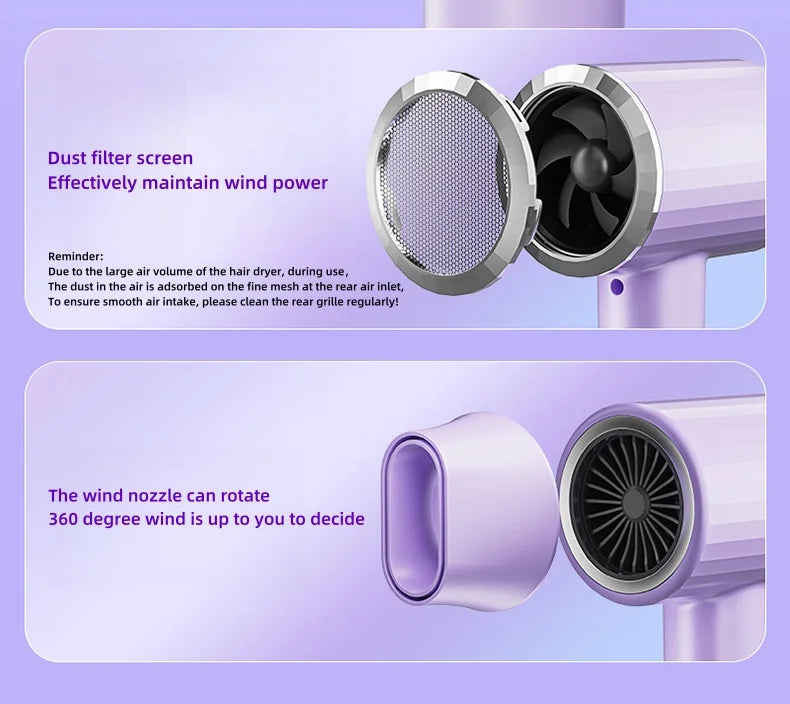 Purple 2400W ionic hair dryer with magnetic dust filter and 360-degree rotating nozzle for salon-style quick drying.