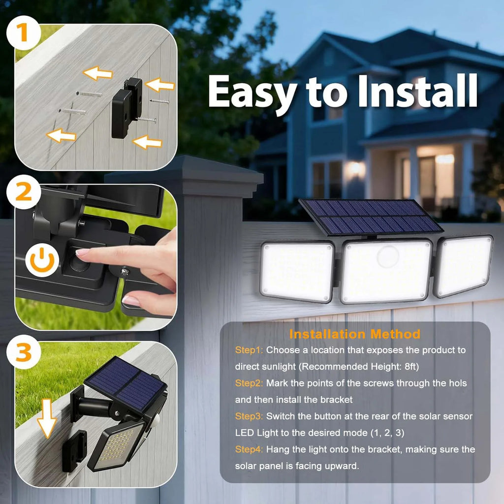 2PCS Solar Lights Outdoor Waterproof, 164LED Motion Sensor Outdoor Lights 3 Heads Security Flood Light 3 Lighting Mode for Patio