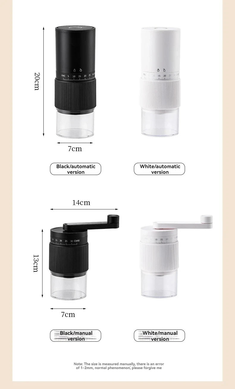 Portable coffee grinder set in black and white, featuring automatic and manual versions with precise grind adjustment.