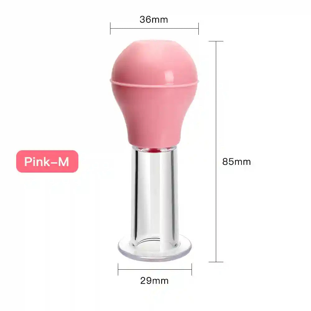 Pink vacuum facial massage cup for skin lifting and anti-cellulite therapy. 85mm tall, clear tube with rubber bulb.