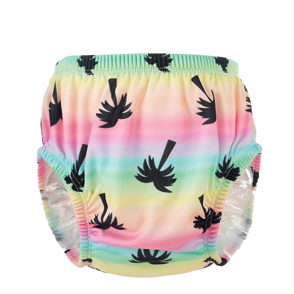 Baby swim diaper with pastel rainbow striped background and black palm tree print design.
