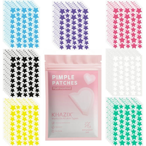 Star-shaped hydrocolloid acne patches in blue, purple, pink, black, white, yellow, and green sets