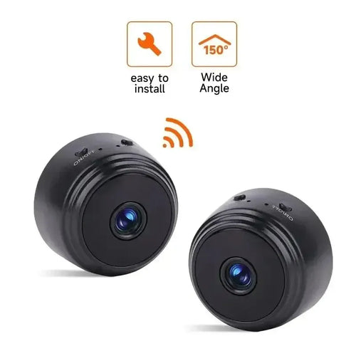 Black WiFi security camera with wide-angle lens, dome-style body for home monitoring