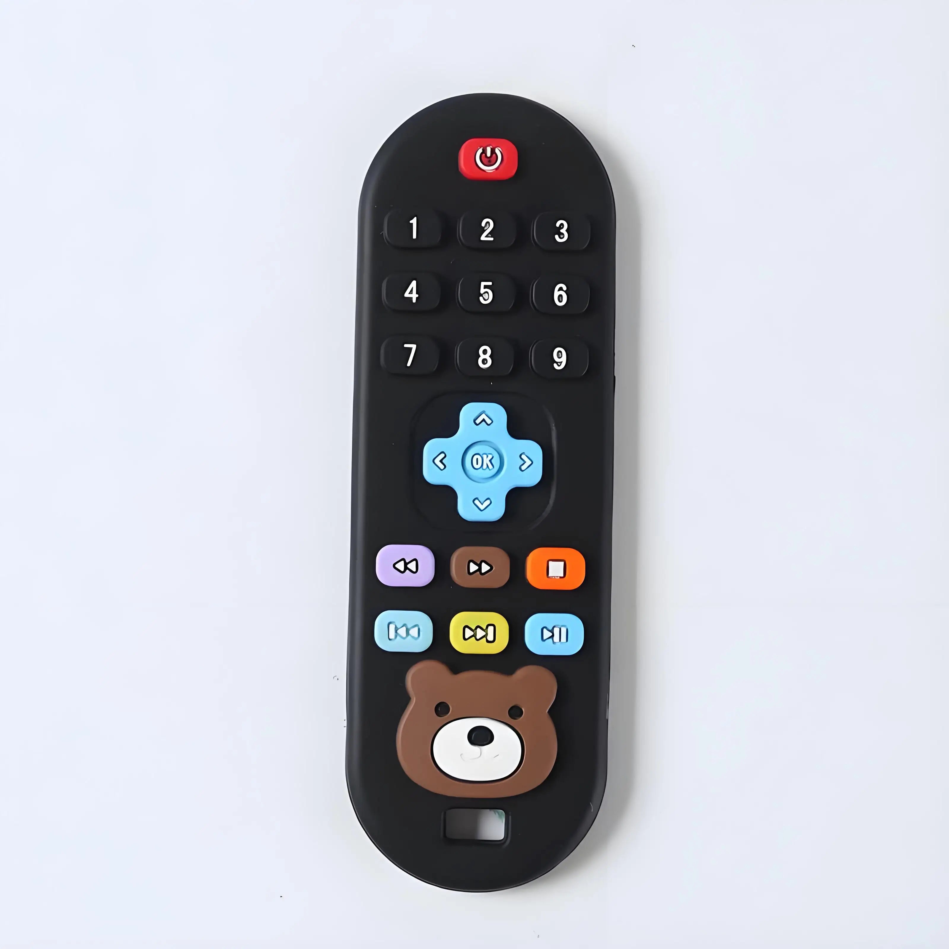 Black silicone remote control baby teething toy for soothing sore gums and infant relief.