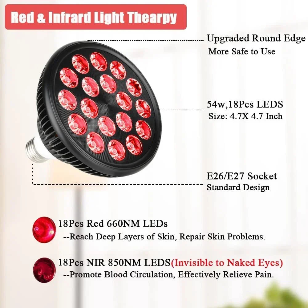 54W red light therapy lamp with 18 LED bulbs, 660nm and 850nm NIR, E26 socket for skin health and pain relief.