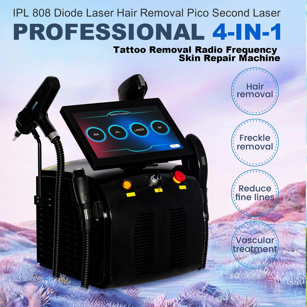 Tidesmit 4-in-1 4500W multifunctional laser beauty machine showing advanced applicator ports and interface settings