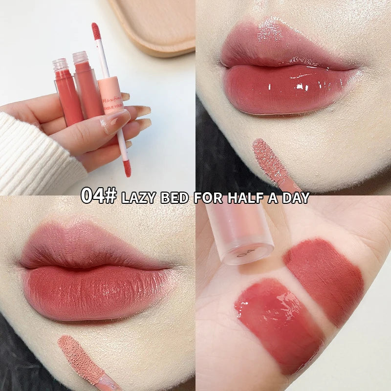 Double-ended matte and mirror lip gloss in rose-nude, showing velvet texture and glossy waterproof finish on lips.