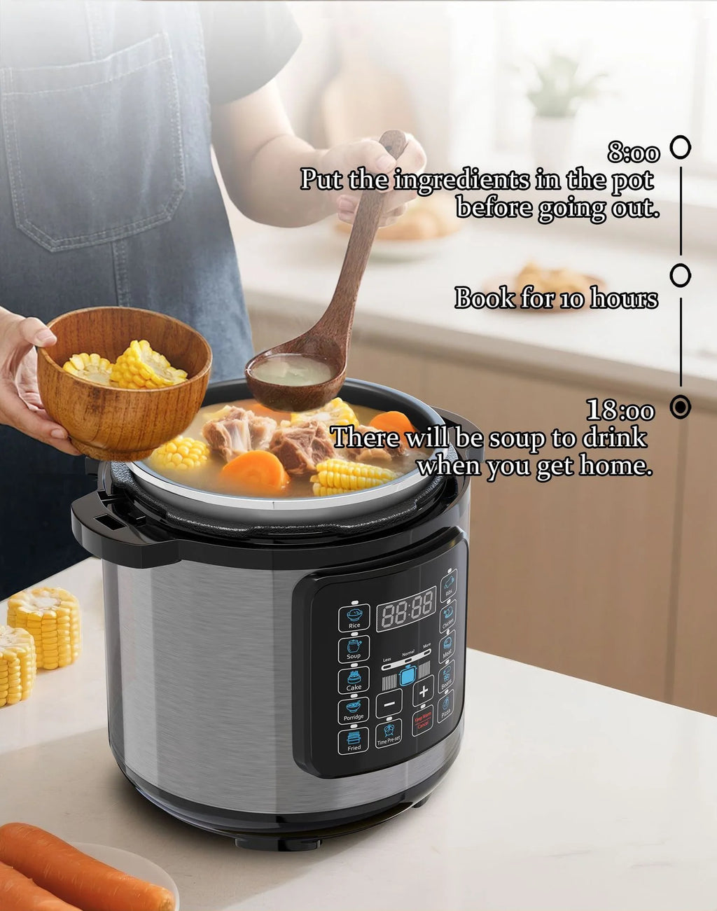 Electric pressure cooker with cooking insert and digital display, black top lid