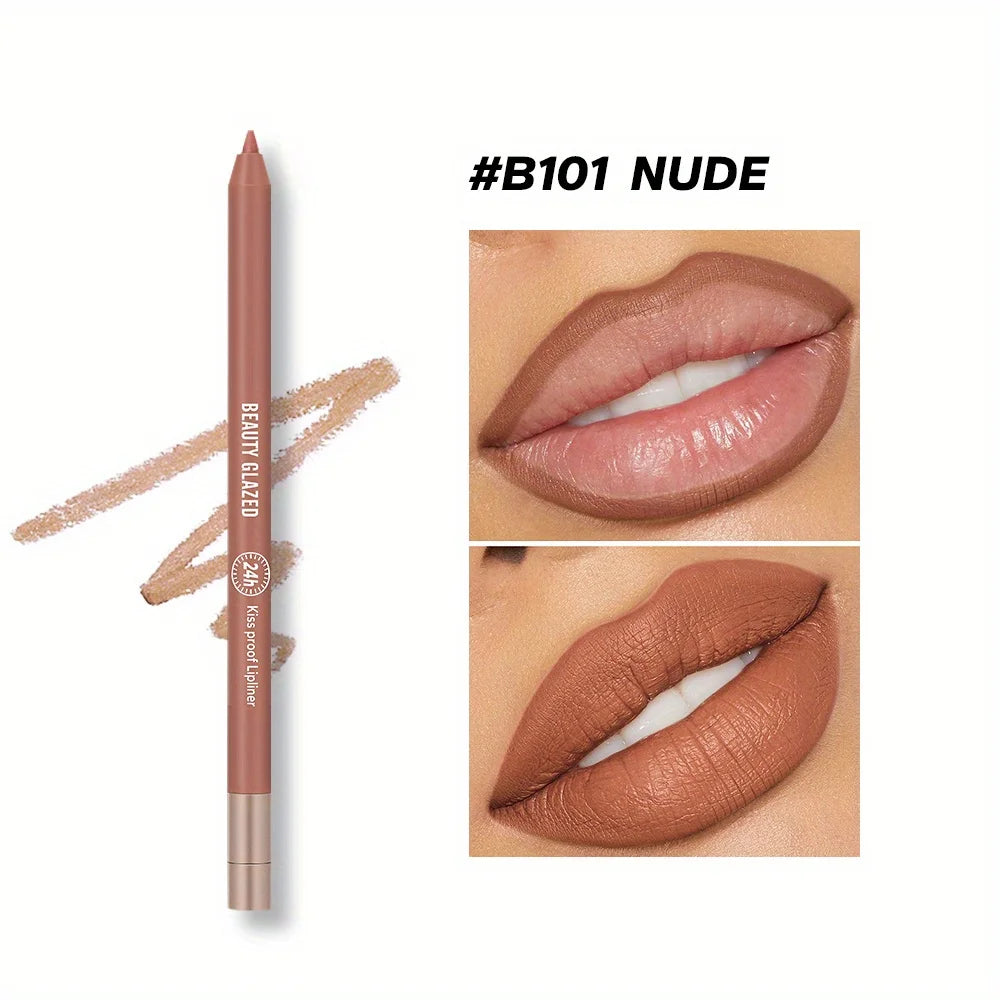 Beauty Glazed waterproof matte lip liner in B101 Nude. High-pigment wooden pencil for natural lip shaping.