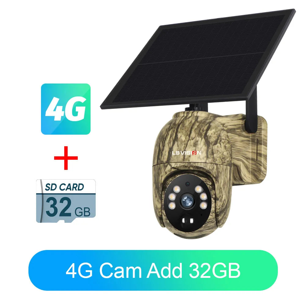 LS VISION camouflage solar security camera with 4G icon and included 32GB SD card