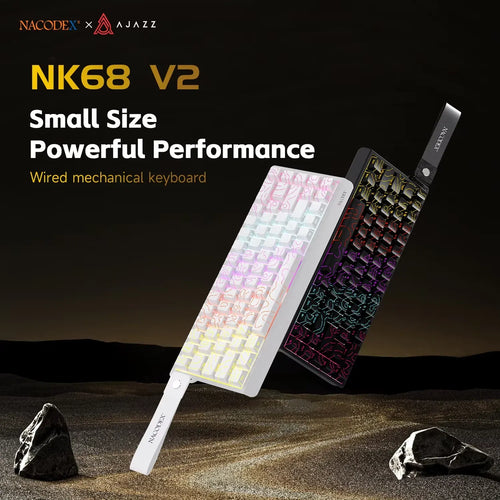 AJAZZ NK68 V2 65% wired mechanical keyboard in white and black with custom pattern keycaps and carrying strap.