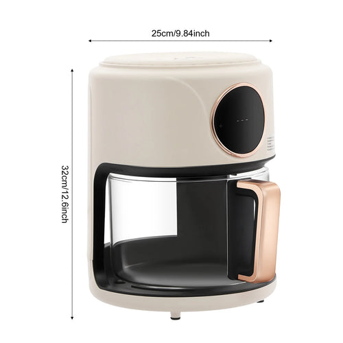White glass air fryer with round touch control and rose-gold side handle, black interior