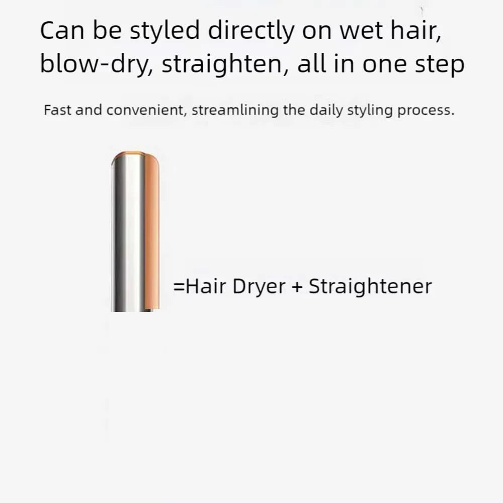 2-in-1 negative ion hair dryer and straightener in sleek rose gold, perfect for fast wet-to-dry styling in one step.