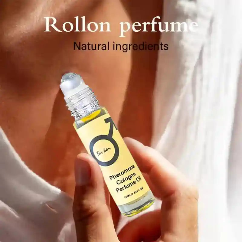 Pheromone cologne perfume oil in portable roll-on glass bottle. Long-lasting, natural fragrance for men.