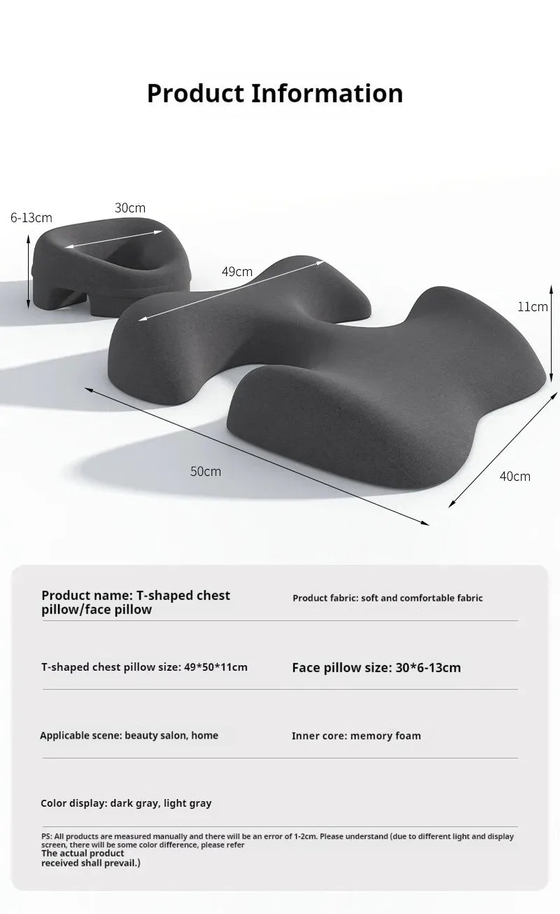 Dark gray, memory foam T-shaped chest pillow and face cradle for salon massage, with dimensions and specs listed.
