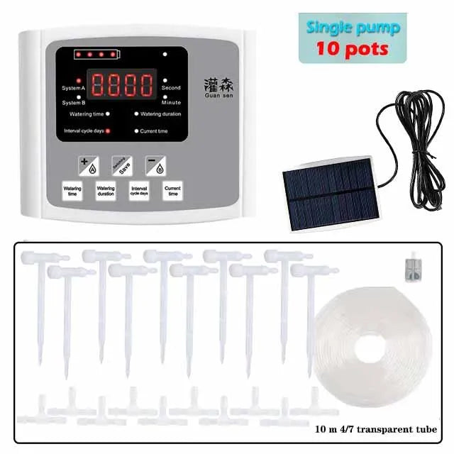 Automatic Solar Energy Drip Irrigation Device Double Pump Adjustable Valve Controller Timer System Intelligent Garden Watering