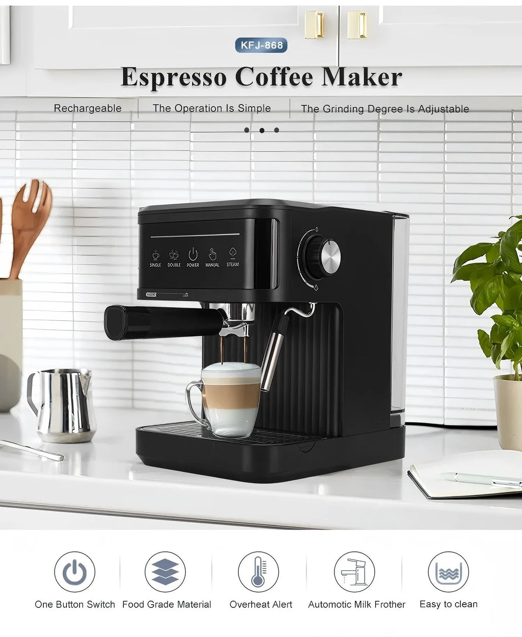 Black KFJ-868 rechargeable espresso coffee maker with milk frother and adjustable grinder on a kitchen counter.