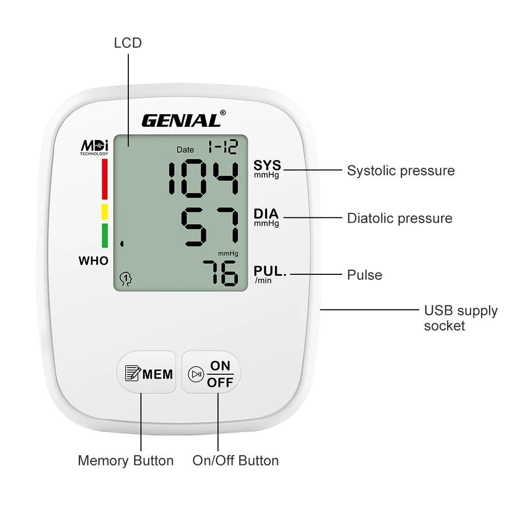 Blood Pressure Monitor Upper Arm Large LED Backlit Screen 1000 Sets Memory Automatic Digital BP Machine Adjustable BP Cuff