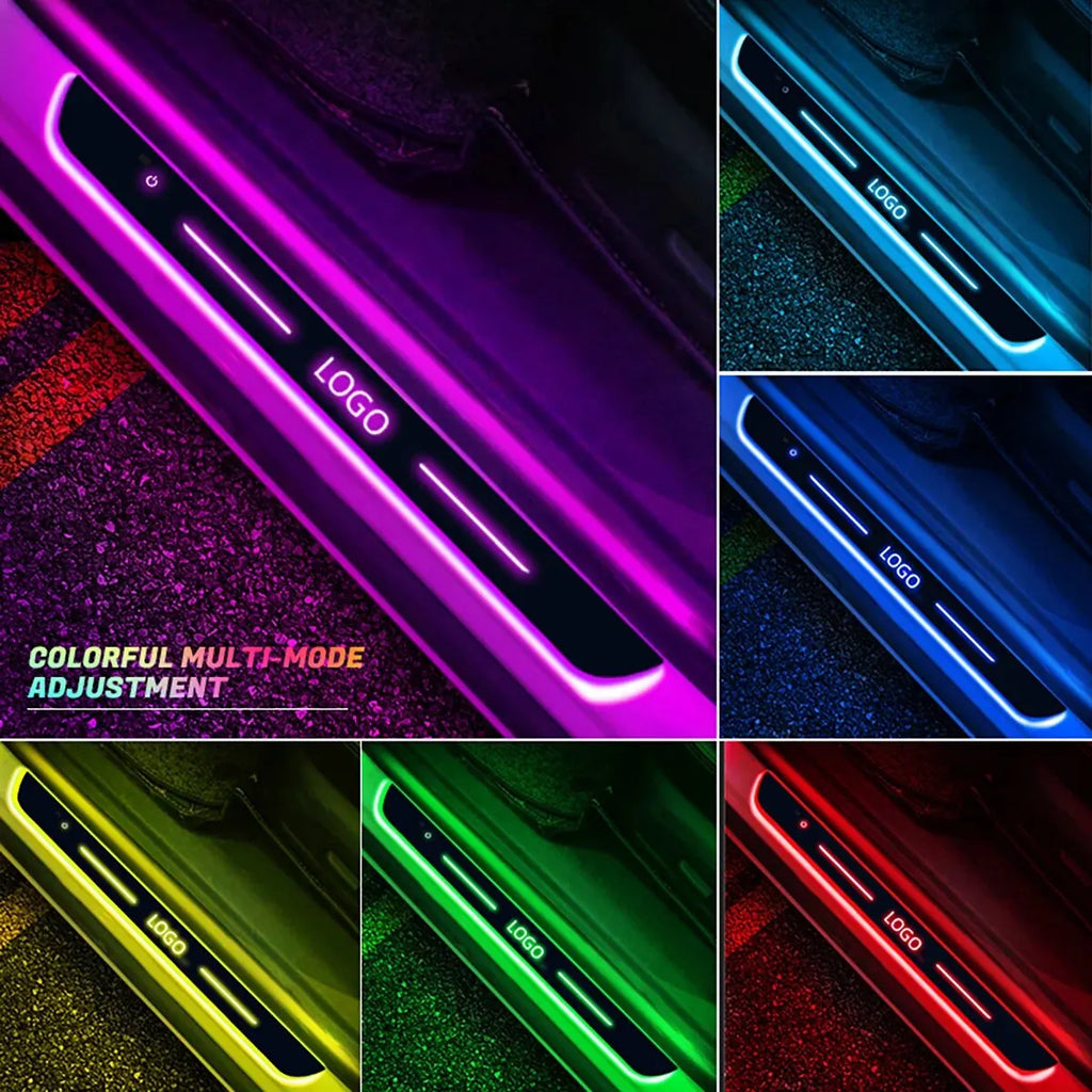 Rectangular black car door sill protectors with color-changing LED strips and custom logo illumination.
